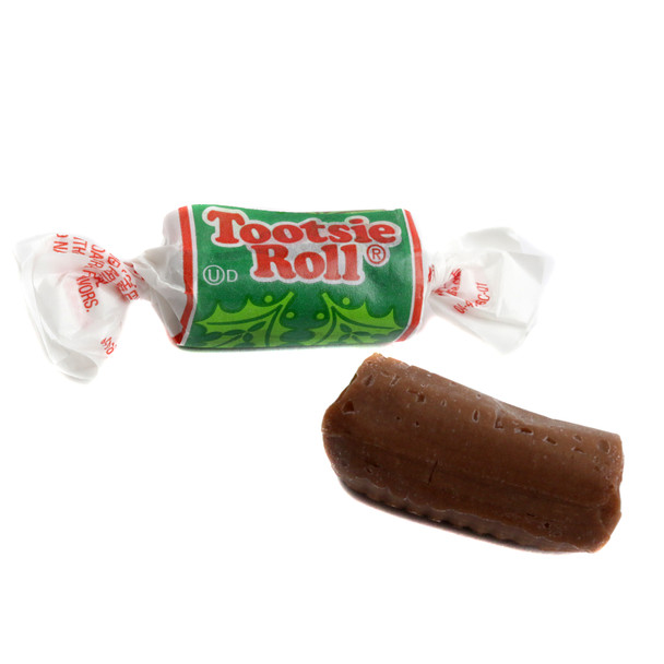 Christmas Tootsie Roll Midgees, ~70 individually wrapped chocolate chewy candies, festive red, green, white wrappers.