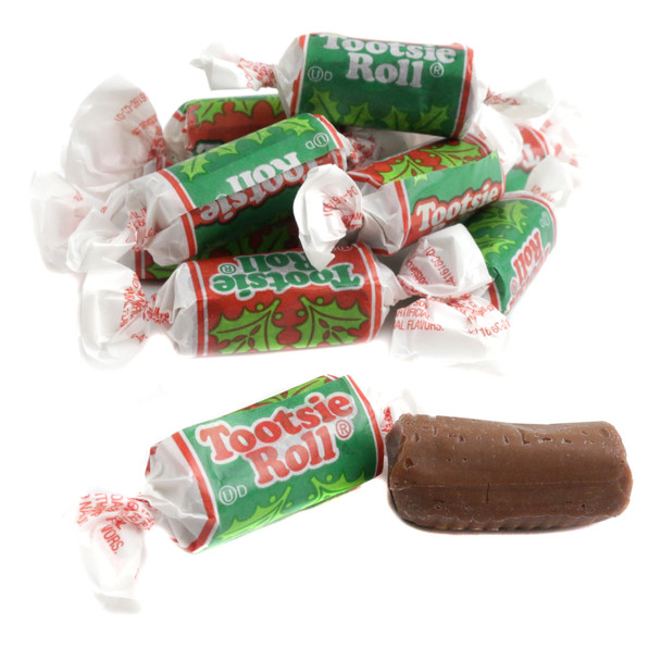 Colorful Christmas Tootsie Rolls Midgees, rich chocolate, individually wrapped, festive holiday wrappers, approx 70 pcs/lb.