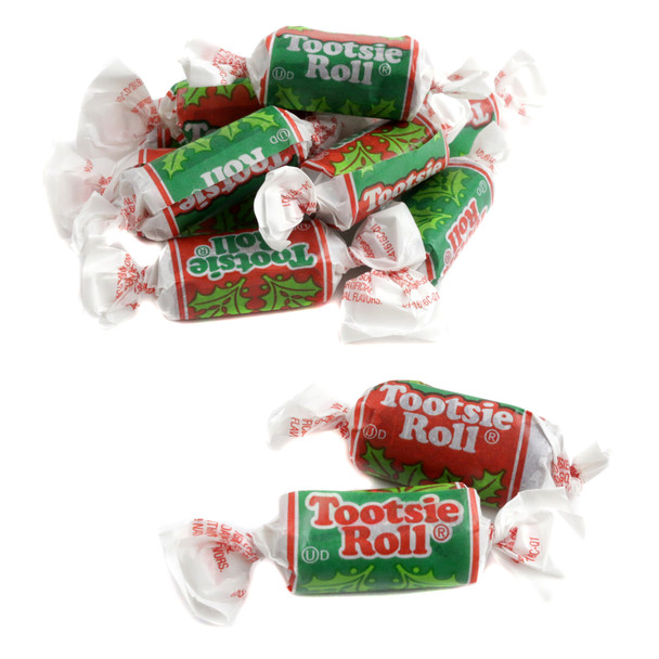 Christmas Tootsie Rolls Midgees, individually wrapped in festive red, green, white wrappers, rich chocolate, 70 pieces.