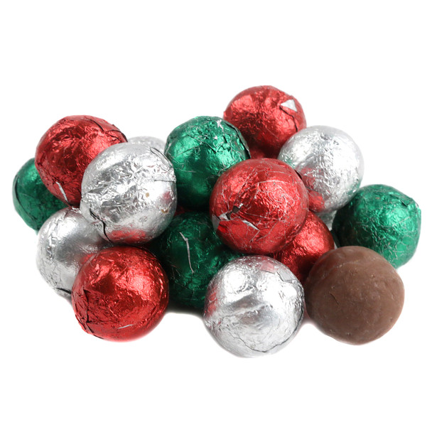 Christmas Chocolate Foiled Balls, approx 90 per pound, individually wrapped in festive red, green, and silver foils.