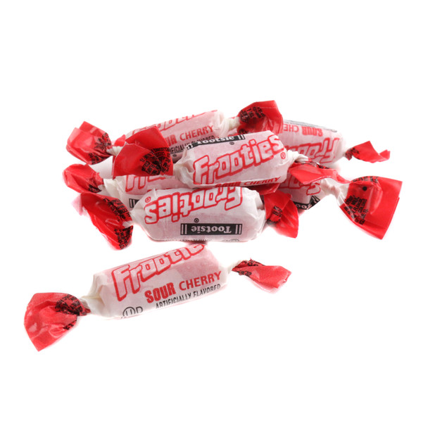 Vibrant red, individually wrapped Sour Cherry Frooties, approximately 140 chewy candies per pound, by Tootsie Roll.