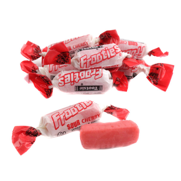 Vibrant red Sour Cherry Frooties, individually wrapped chewy candy, approximately 140 pieces per pound, made in USA.