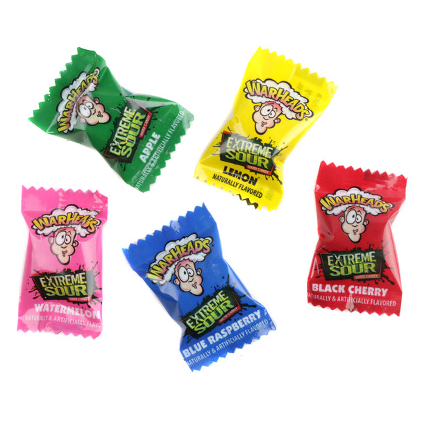 Warheads Sour Hard Candy 240 piece tub, rainbow colors, black cherry, blue raspberry, sour apple, lemon, watermelon.