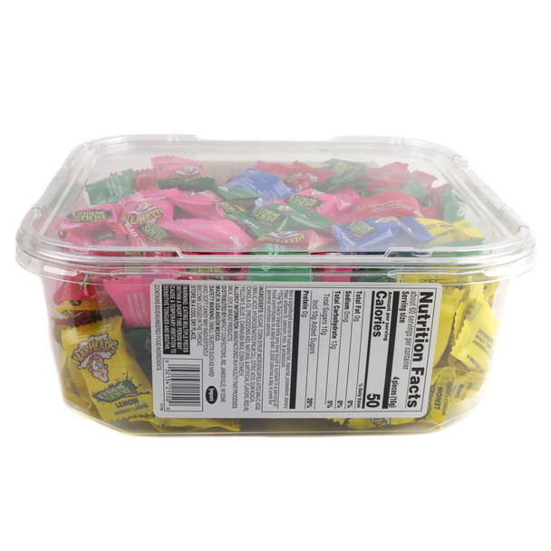 Warheads Sour Hard Candy, 240 pieces. Bulk tub of red, blue, green, yellow, pink sour hard candies.