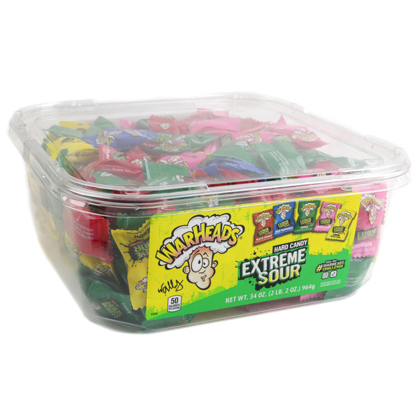 Warheads Sour Hard Candy, 240 assorted pieces in vibrant rainbow colors, shown in tub packaging.