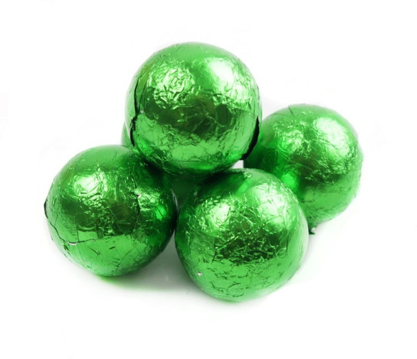 Vibrant green foil wrapped solid milk chocolate balls, approximately 60 per pound, ideal for candy buffets, parties.