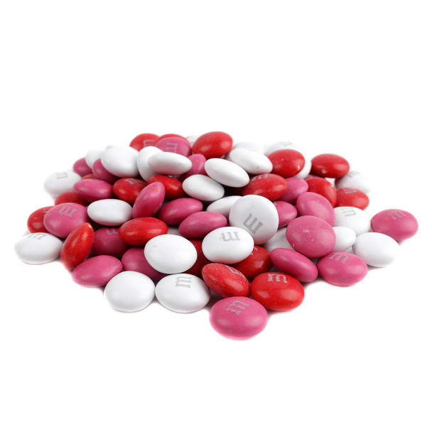 Vibrant red, white, pink M&M's Valentine Mix chocolate candies, approx. 500 pieces per pound, festive Valentine's Day treat.