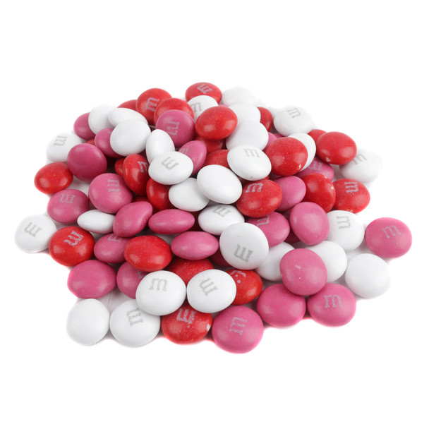 M&M's Valentine Mix, 1 lb. bag, approx. 500 pieces of red, white, and pink chocolate candies.