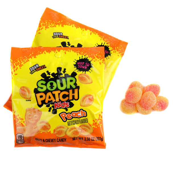 Sour Patch Kids Peaches 3.56oz bag, orange gummy peach-shaped candies with a sour coating.