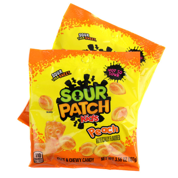 Orange, bite-sized Sour Patch Kids Peaches gummy candy in a 3.56oz bag, tangy and sweet