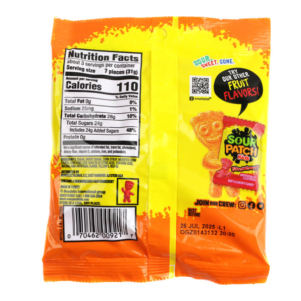 Orange Sour Patch Kids Peaches 3.56oz bag, tangy gummy peach candy pieces, slightly sour flavor.