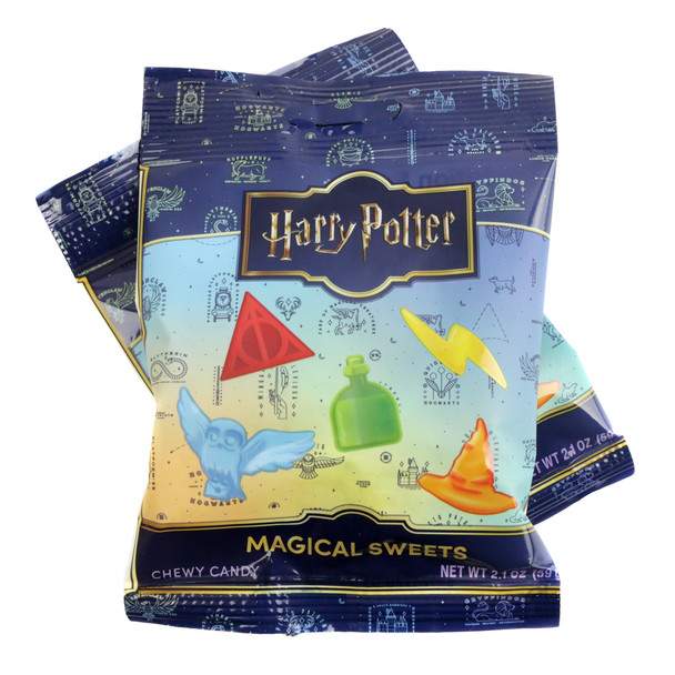 Vibrant 6-pack Harry Potter Magical Sweets gummy candy. Blue, red, yellow, orange, green wizard shapes.