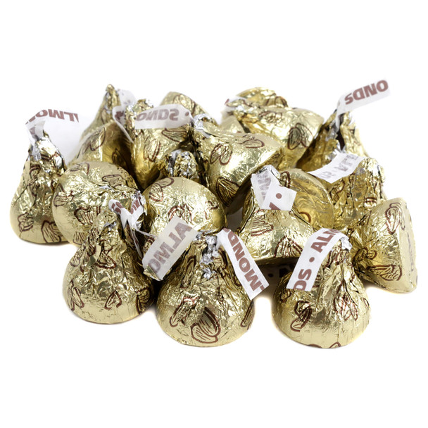 Gold Hershey's Kisses with Almonds, wrapped in shiny gold foil, milk chocolate, crunchy texture, approx 90 per pound.