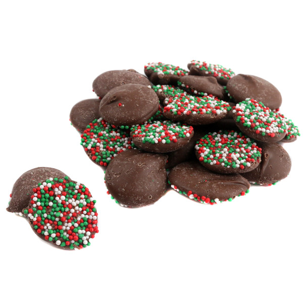 Creamy milk chocolate Christmas nonpareils with festive red, green, white sprinkles, approx 130 per pound.