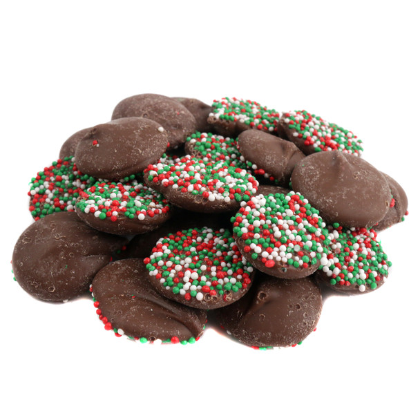 Milk chocolate Christmas nonpareils with red, green, white sprinkles. Approx 130 festive pieces per pound.