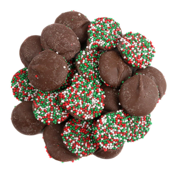 Reppert Milk Chocolate Christmas nonpareils, creamy discs with festive red, green, white sprinkles. Approx 130 per lb.