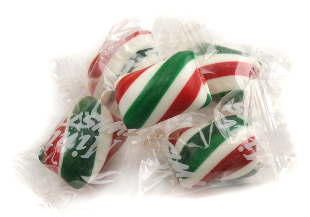 Red, white, and green Christmas mints. Peppermint hard candies, individually wrapped, approx 90 per pound.