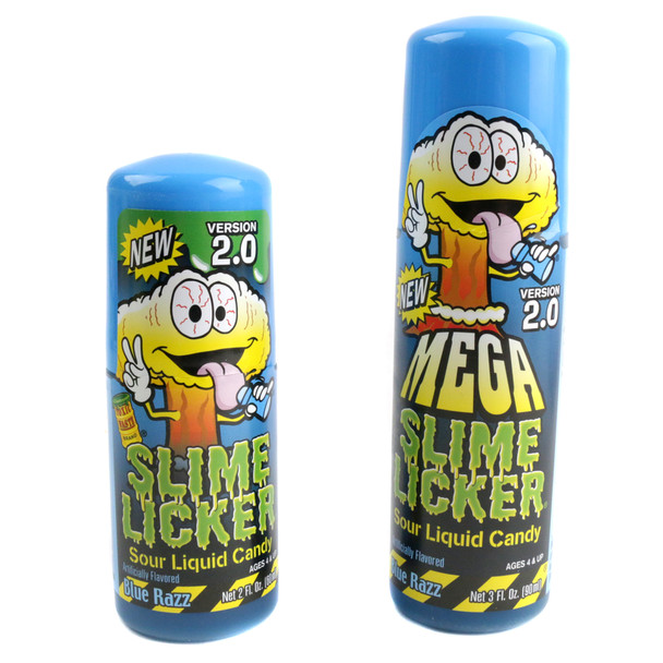 Mega Slime Lickers 2.0, 12 large sour candy rollers, blue raspberry and strawberry flavors.