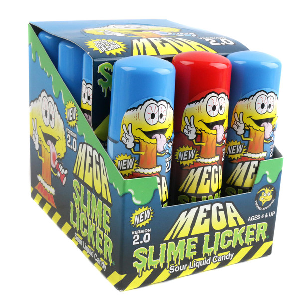 12 Mega Slime Lickers 2.0 sour blue raspberry and red strawberry candy, large size.