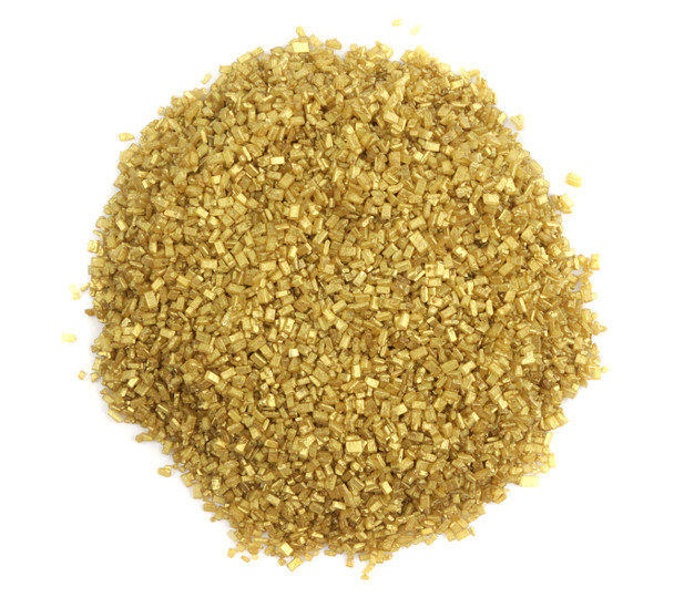 Large, dazzling gold sugar crystals, shimmering granules, perfect for elegant dessert toppings & baking candy.