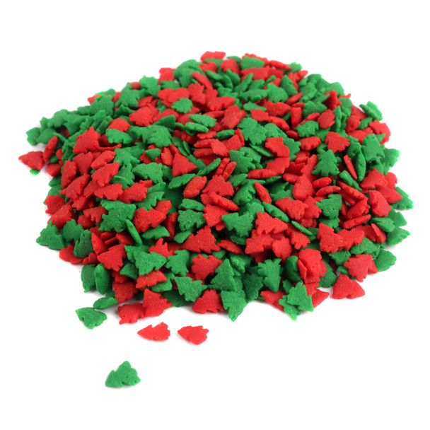 Red and green Christmas tree shaped sprinkles for festive holiday cookies, cupcakes, and desserts.