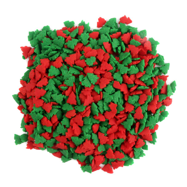 Red and green Christmas tree shaped sprinkles, ideal for festive holiday cookies, cupcakes, and desserts.