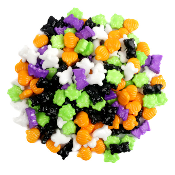 Brightly colored tart Halloween pressed candy mix, jack o' lanterns, bats, ghosts, spiders, cats shapes.