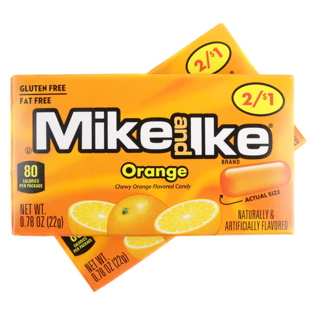 Front view of a single 0.78oz pocket-sized Mike and Ike Orange box, highlighting the classic logo and vibrant orange branding