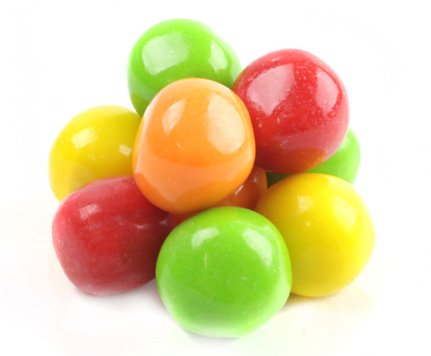 Candy Coated Tootsie Fruit Chews, bite-sized, colorful rainbow assortment: cherry, orange, lime, lemon. Approx 160 per pound.