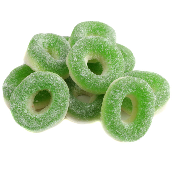 Bright green and white Apple Gummy Rings, approx 55 pieces per pound. Sweet, chewy apple flavored candy.