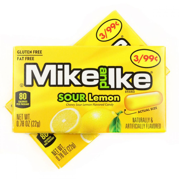 Mike and Ike Sour Lemon candy, 24 count .78-oz. yellow boxes, individually packaged, USA made.