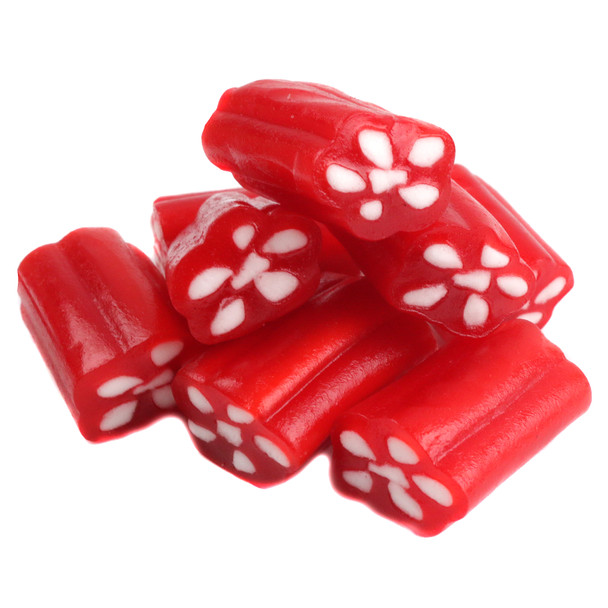 Approx. 60 unwrapped cherry red licorice bites, sweet chewy candy with creamy filling, bulk.