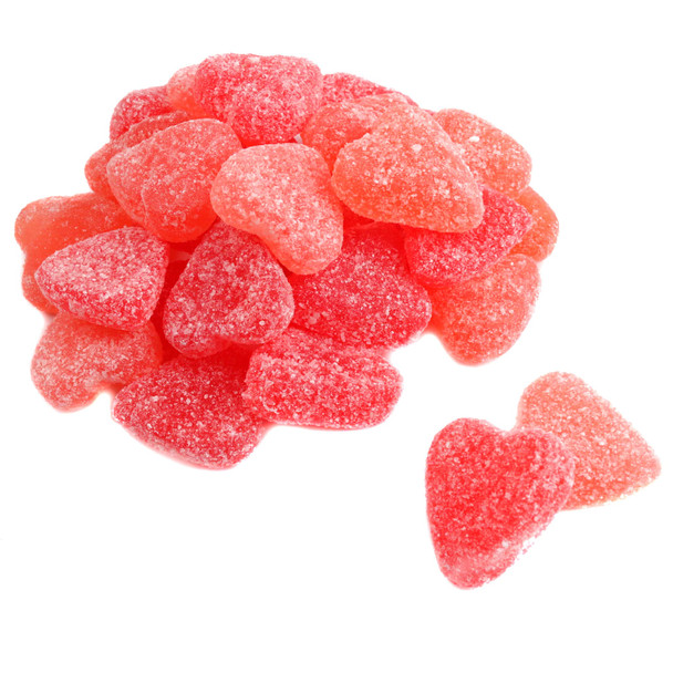 Sour Patch Kids Sour Gummy Hearts, red and pink strawberry heart-shaped sour gummies, approx 125 pieces per pound.