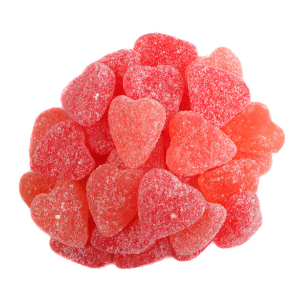 Sour Patch Kids sour gummy hearts, red and pink, 125 pieces per pound, chewy texture.