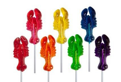 6 rainbow lobster lollipops, assorted red, blue, orange, pink, green, yellow, purple fruit flavors.