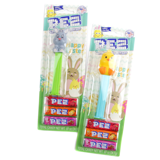 Cheerful 6-piece Easter Pez blister pack, colorful bunny, chick, lamb dispensers, Pez candy refills.