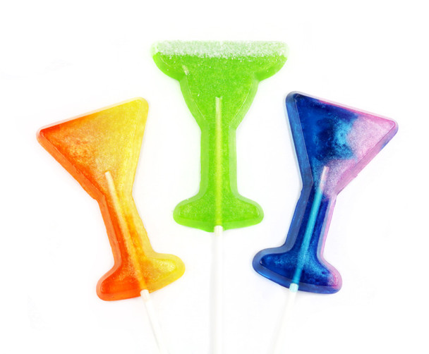 6 individually wrapped gourmet martini lollipops. Sour Margarita with 'salt' rim, mango orange, cotton candy pink & blue.