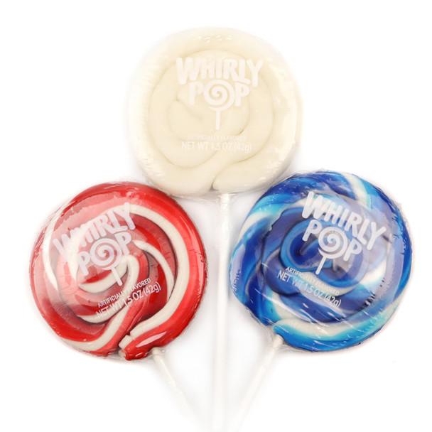 12 red, white, and blue Whirly Pop lollipops, patriotic 4th of July candy.