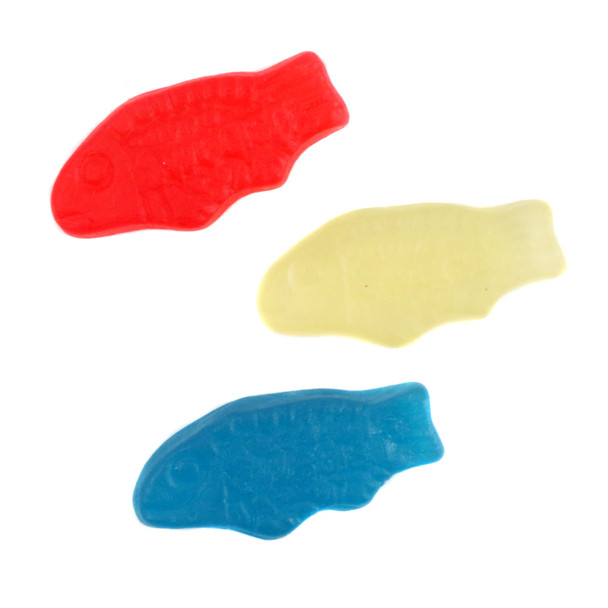 Patriotic red, white, blue Swedish Fish gummy candy, soft & chewy, approx. 180 pieces/lb for 4th of July.