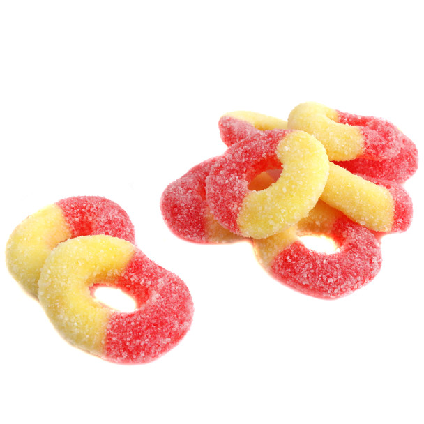 Orange and yellow Land of Gummies Peach Gummy Rings, sugar-dusted, approx. 60 pieces per pound, delicious peach candy.