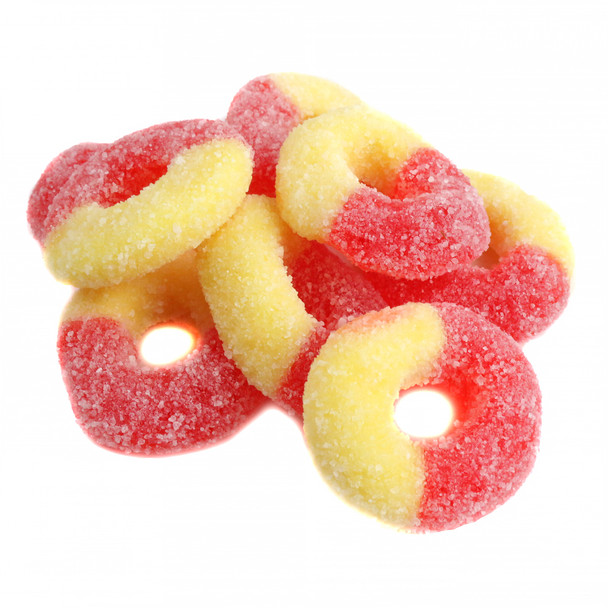 Land of Gummies Peach Gummy Rings, orange and yellow, sugar-dusted, sweet peach flavor, approx. 60 rings per pound.