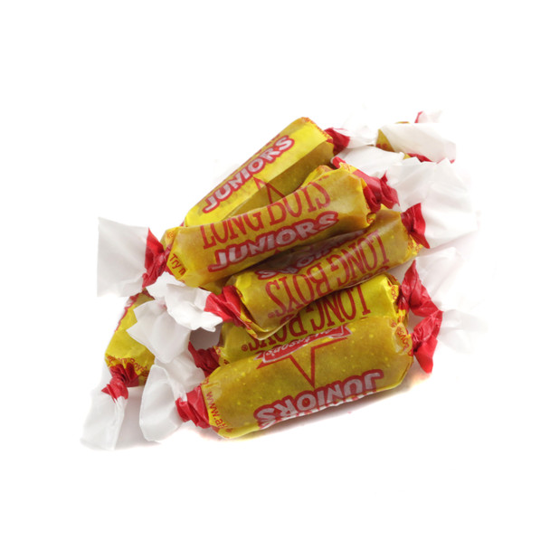 Golden brown Long Boys Junior candy, chewy caramel with white coconut flakes, approx 85 bite-sized pieces per pound.