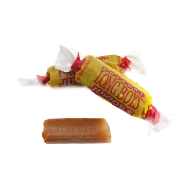 Old-fashioned Long Boys Junior chewy caramel & coconut candy, approx 85 brown & white pieces per pound.