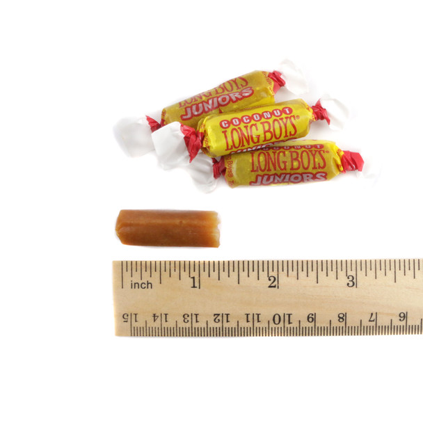 Long Boys Junior chewy, creamy caramel candy with white coconut flakes, 85 bite-sized pieces per pound.