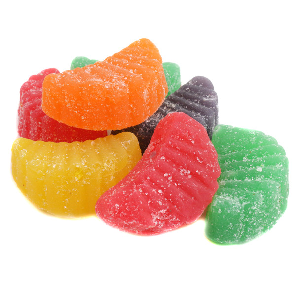 Rainbow assorted fruit slices candy, chewy lemon orange grape cherry lime flavors, approx 32 colorful fruit shapes per pound.