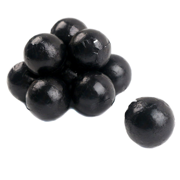 Shiny black foil-wrapped milk chocolate balls, 3/4 inch diameter, approx 60 per pound.