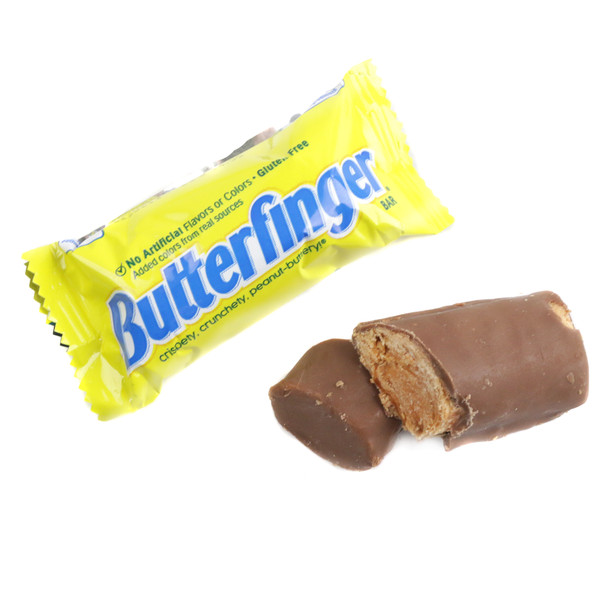 Approximately 25 Butterfinger Fun Size bars, crunchy peanut butter, milk chocolate, bright yellow wrappers.