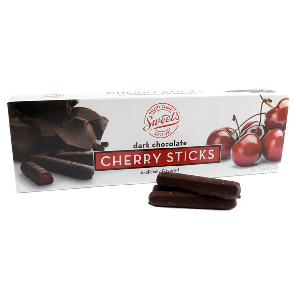 Sweets 10.5oz box, approx 38 Dark Chocolate Cherry Sticks, rich dark chocolate, sweet red cherry jelly filling.