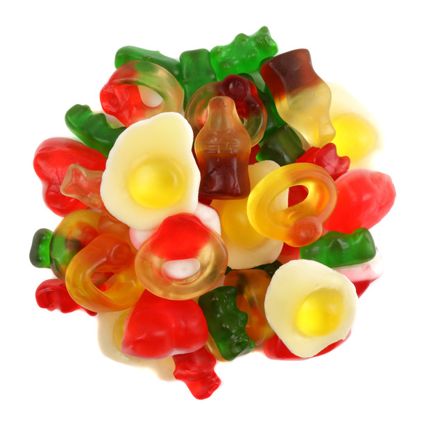 Haribo Star Mix gummy candy assortment, multi-colored Goldbears, eggs, cola, hearts, rings, approx 95 pieces.