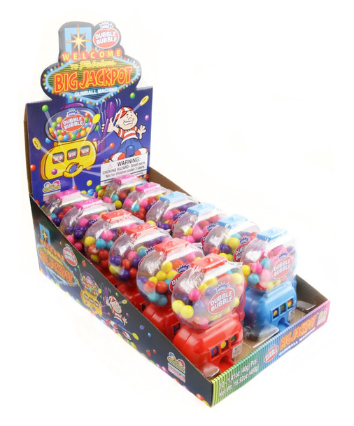 Dubble Bubble Big Jackpot gumball dispensers, 12 mini slot machines with colorful gumballs, 4.25 inches tall.